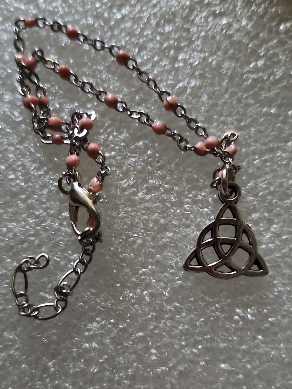 Hand Crafted Pink Beaded Bracelet / Anklet with Celtic Trinity Charm